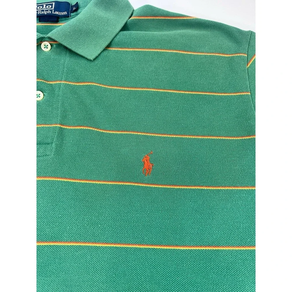 Ralph Lauren Polo Shirt‎ L Green W/ Orange & Yellow Stripes. Thrashed Vtg